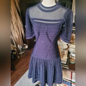 NWT Herve Leger "Haylynn" Blue Flared Sheer Yoke Dress